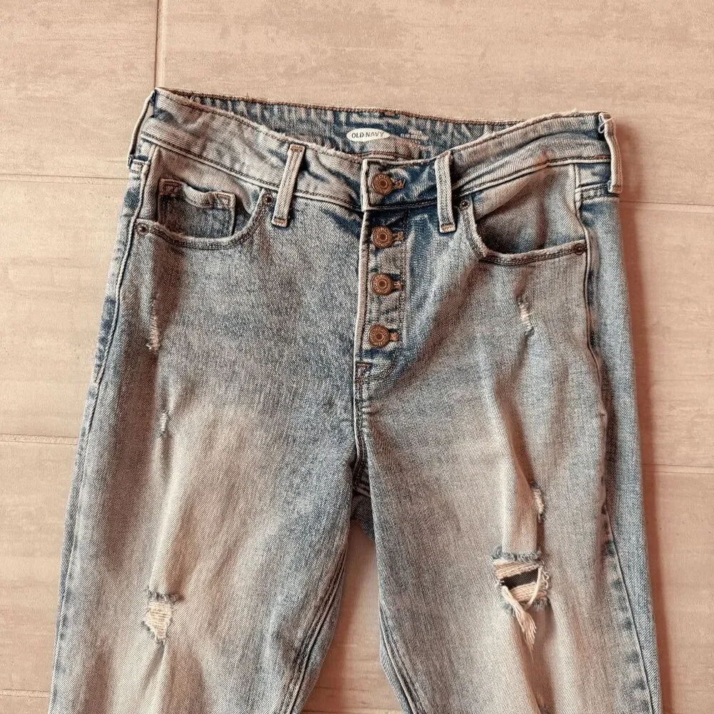 Old Navy Power Slim Straight High Rise Jeans Distressed Light Button Fly Ripped